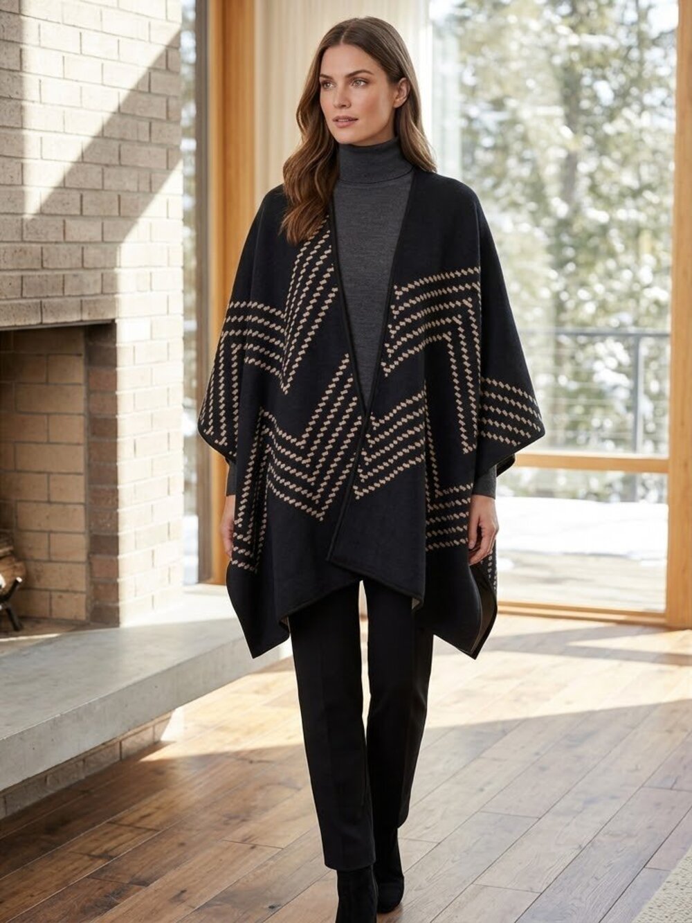 IKE BEHAR Black Stripe Poncho Shawl Cape One Size Quiet Luxury Chalet Lagenlook
